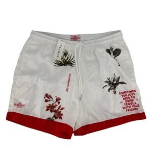 NWT PacSun x Los Sundays Tequila 5" Swim Trunks Shorts - White Red - Small